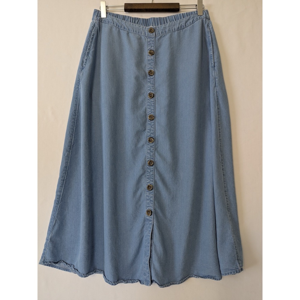 Coldwater Creek Blue Tencel Button Front Midi Skirt XS Elastic Back Pockets - Picture 4 of 10